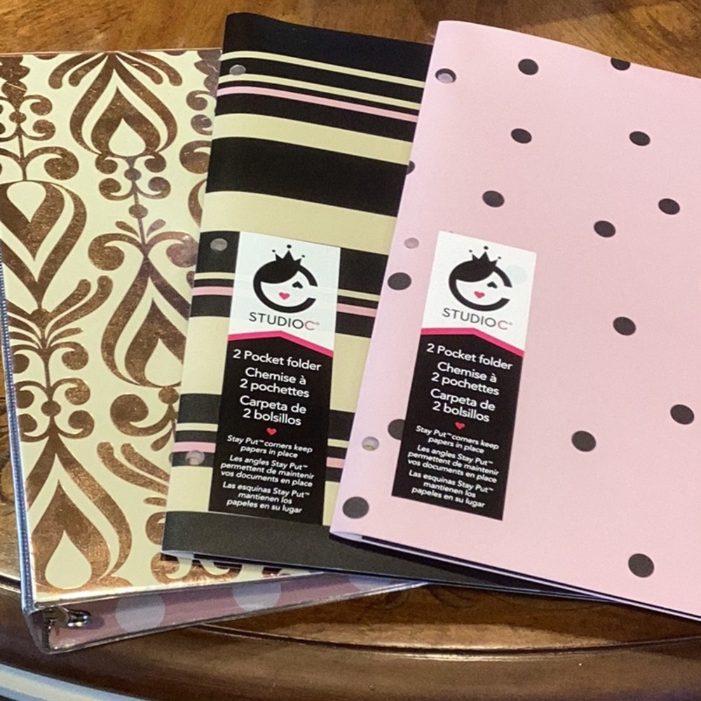 Set of one Studio C 1” binder and two 2-pocket printed poly folders.